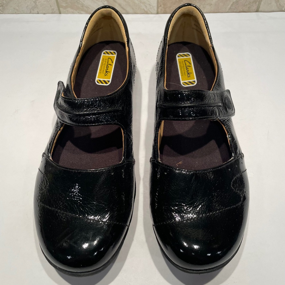 Clarks Womens Black Patent Leather Slip Resistant Mary Jane Shoes Size 10M - Picture 3 of 8